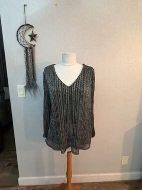 Metallic Plisse V-Neck Long Sleeve Blouse.  L